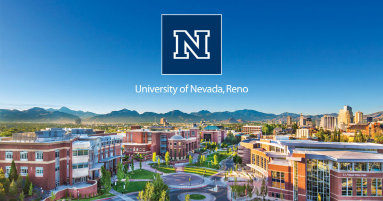 Scenic promotional image of the University of Nevada, Reno (UNR) campus, showcasing iconic buildings, lush greenery, and a vibrant atmosphere under a clear blue sky.